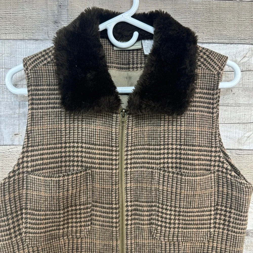 Coldwater Creek Womens Brown Tan Plaid Wool‎ Blend Faux Fur Collar Zip Vest 12